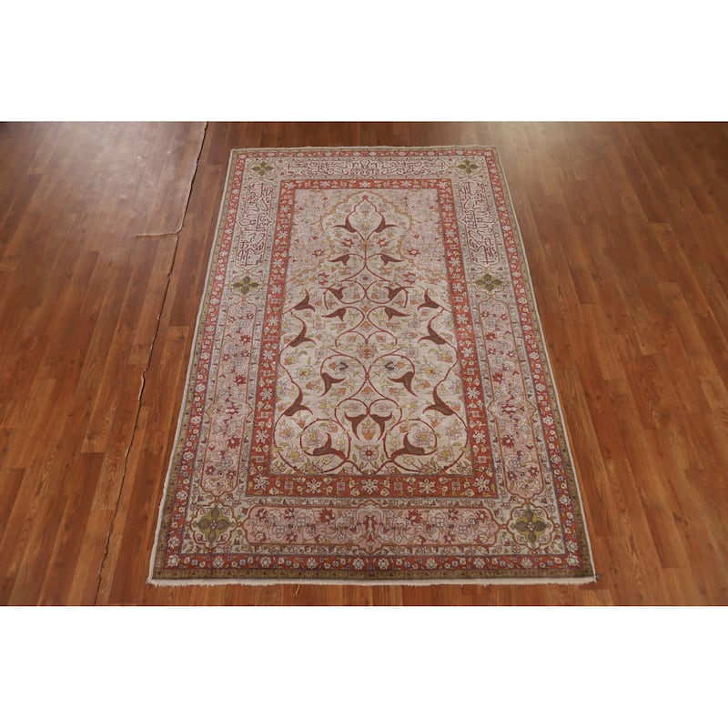 Hand Knotted Oriental Silk Carpet Traditional Floral Beige & Ivories Hereke Area Rug - 6' 9'' X 4' 3''