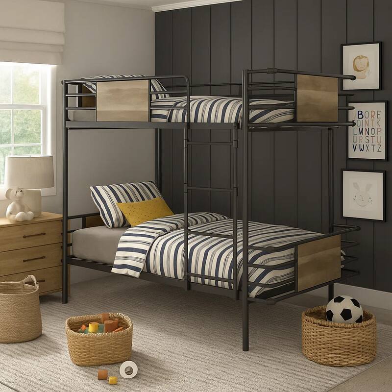 Metal Twin Over Twin Bunk Bed with Attached Ladder, Black