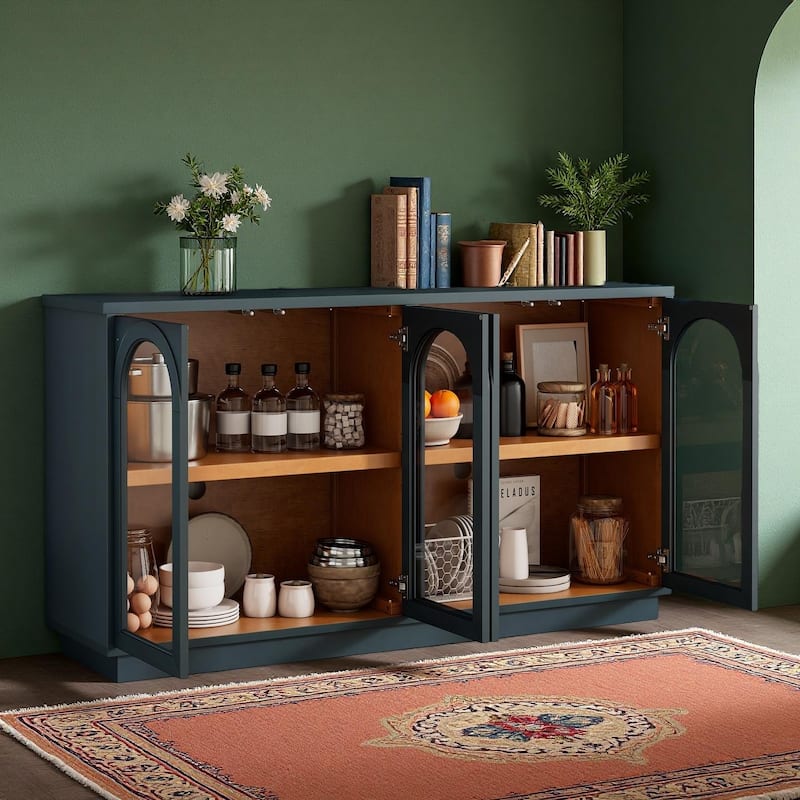 4-Door Arched Glass Buffet Sideboard with Adjustable Shelves by Harper&Bright Designs - Navy