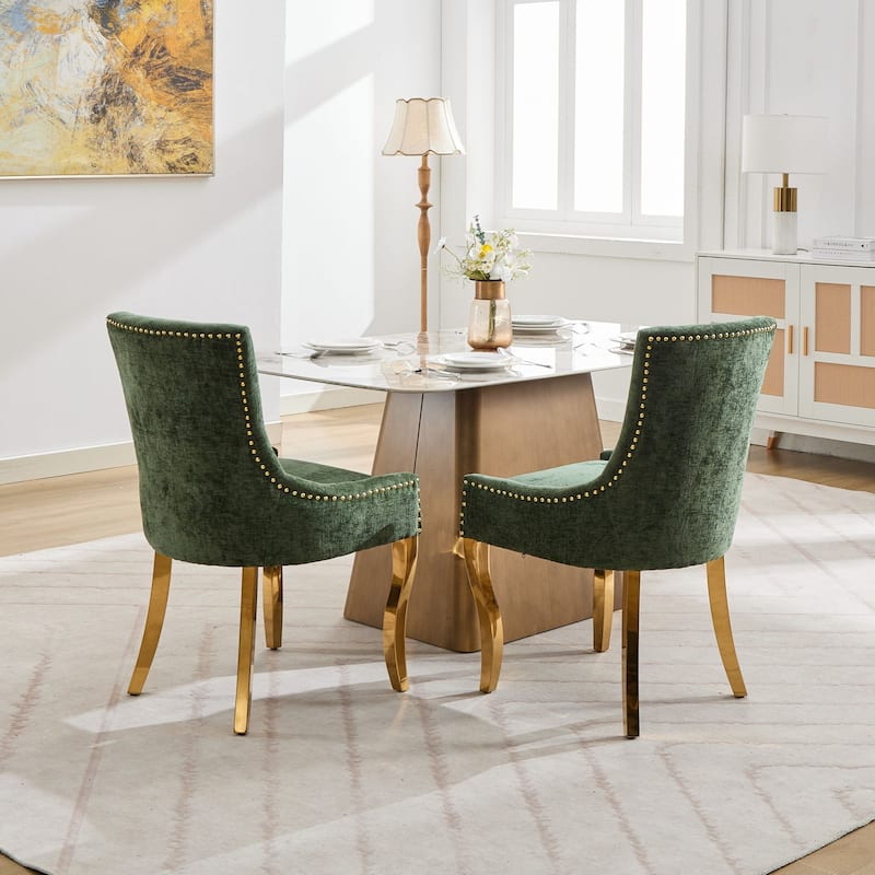 Chenille Dining Chairs, Modern Upholstered Accent Chair with Curved Gold-Plated Legs & Rivet Trim, Plush Fabric, Set of 2