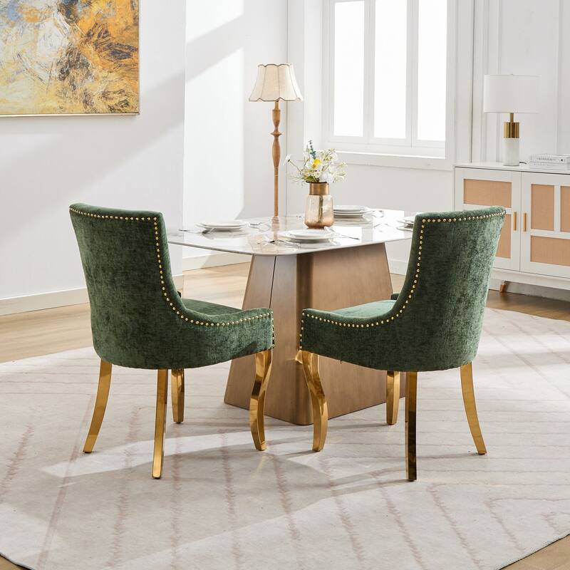 Chenille Dining Chairs,Curved Gold - Plated Legs & Rivet Trim,Accent Seating With Textured Fabric&One-Piece Structure,Set Of 2