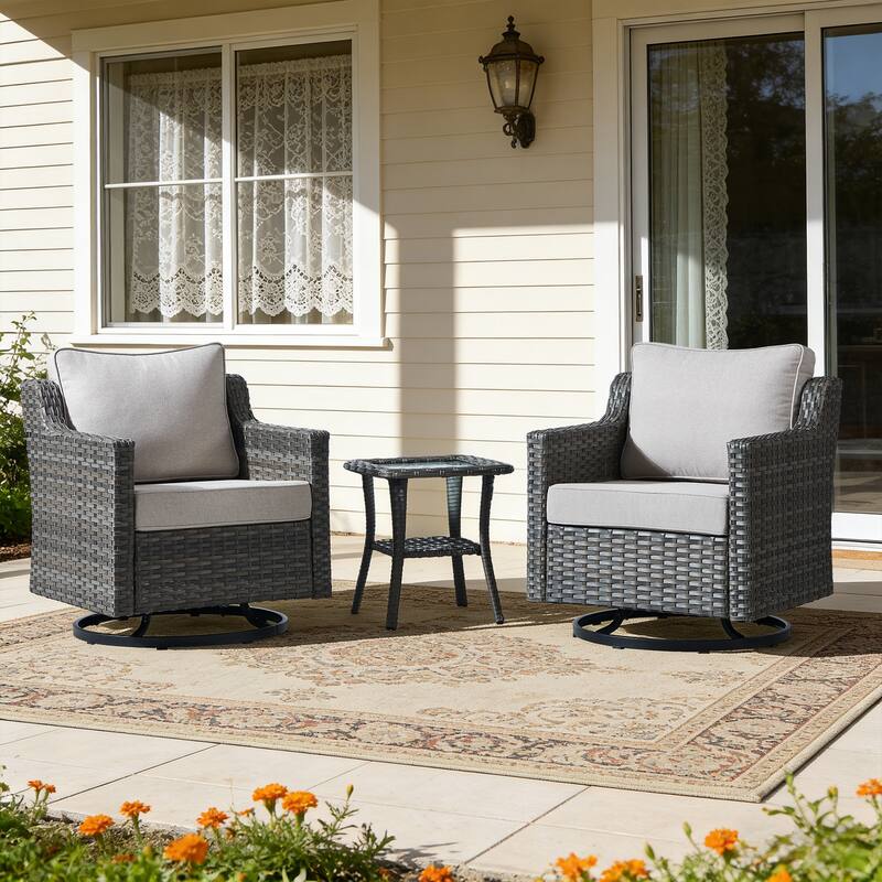 Meyreso 3-Piece Gray Wicker Outdoor Swivel Glider Chair Set with Side Table - Beige - Gray