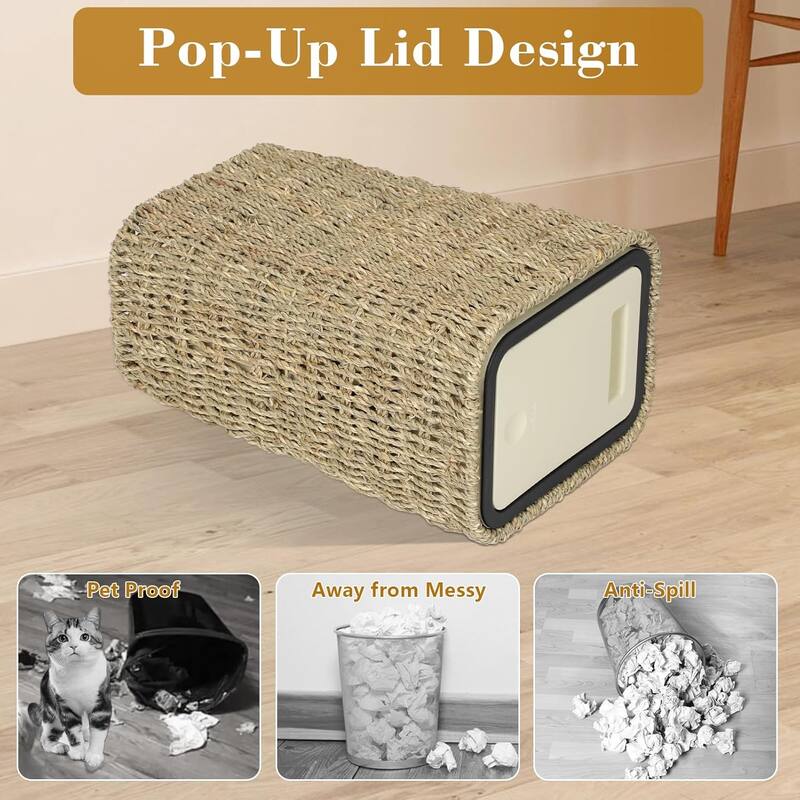 Trash Can with Lid 2.6 Gallon Small Rattan Press Top Slim Wicker 2 in 1 Waste Basket Hamper Seagrass for Bathroom Kitchen