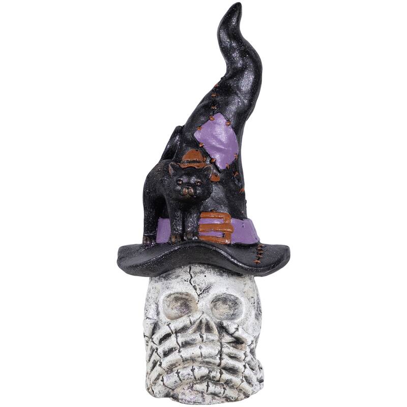 Skull in Witch Hat with Cat Halloween Decoration - 22.75"