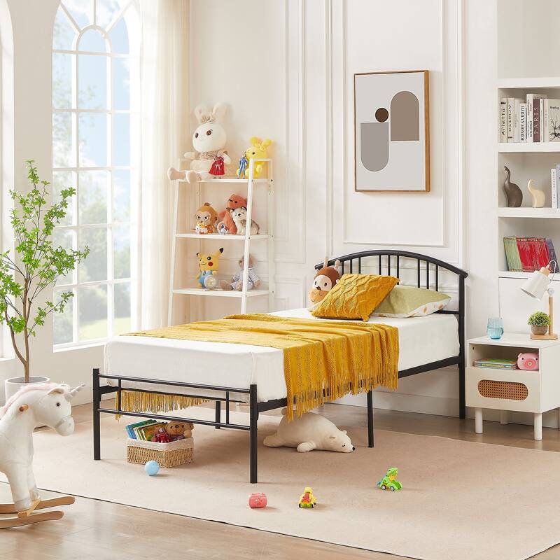 Modern Metal Bed Frames with Curved Headboard, No Box Spring Needed, Black