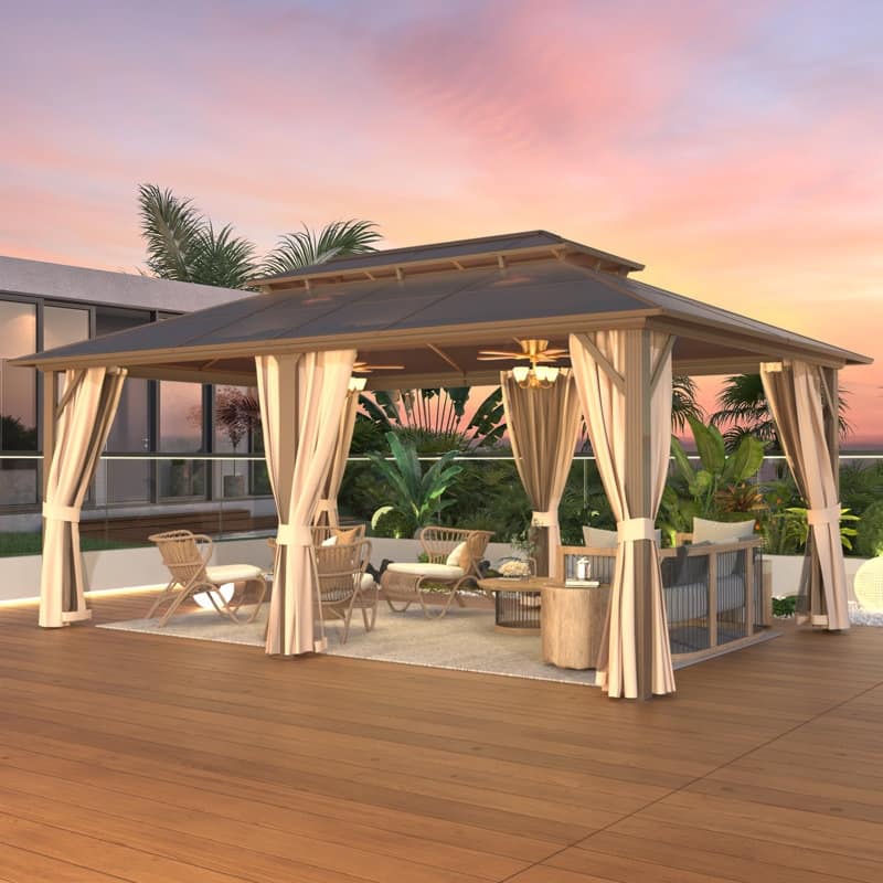 Erommy Hardtop Wood Gazebo with Double Roof – Free Dust Cover with 12x16 or 12x20 Model – Waterproof Outdoor Gazebo - 12'x18' - Aluminum Frame