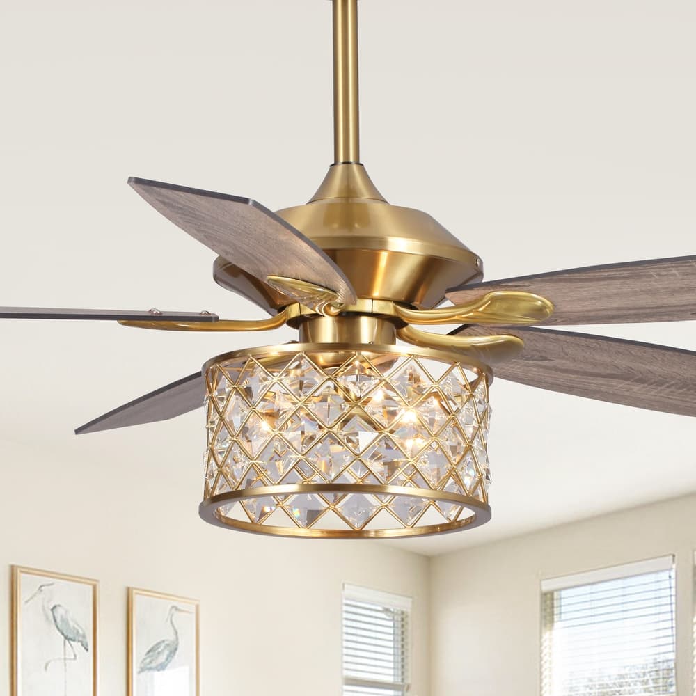 52-in Gold 3-Light Modern Crystal Chandelier Ceiling Fan with Remote