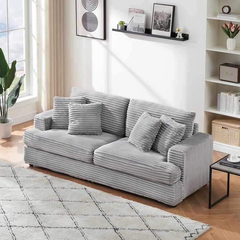 88.58 Inch Gray Corduroy 3-Seater Sofa with 4 Matching Throw Pillows, Modern Minimalist Design, Easy Assembly