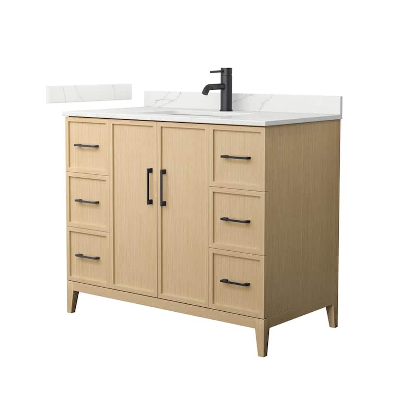 Elan 42-inch Single Vanity, Single Hole Quartz Top - White Oak, Black Trim, Giotto Quartz Top
