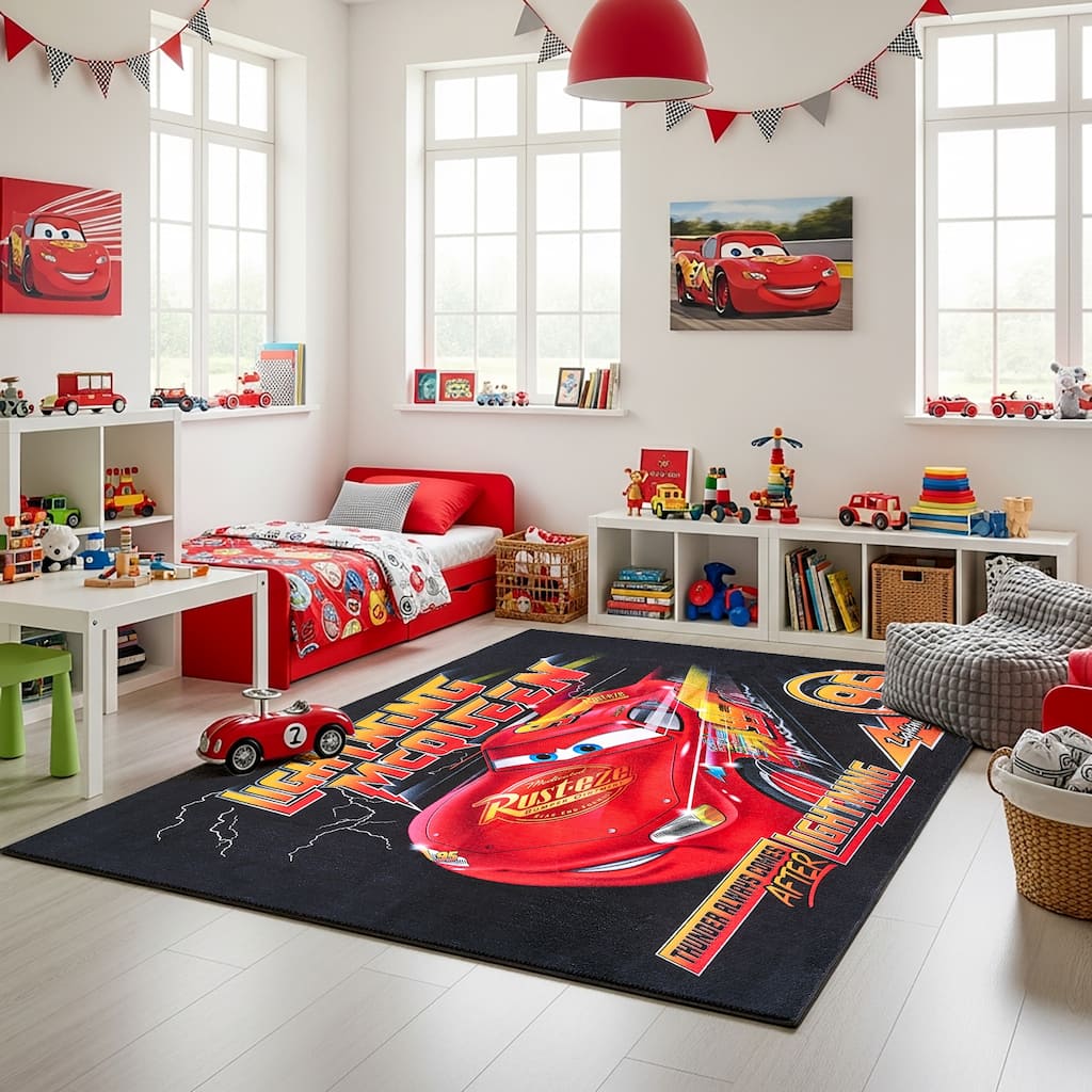 Licensed Disney Pixar Cars Lightening McQueen Modern Character Printed Flannel Non-Slip Washable Indoor Kids Area Rug, 54"x78"
