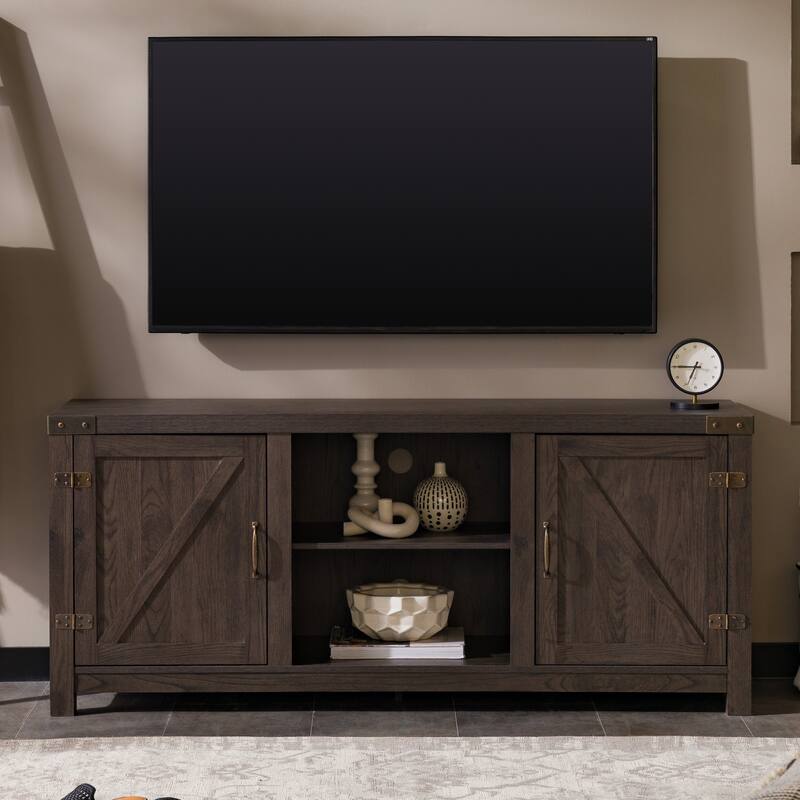 Rustic Modern Farmhouse Barn Door 3-Shelf TV Stand for TVs Up to 65 Inches with Adjustable Storage