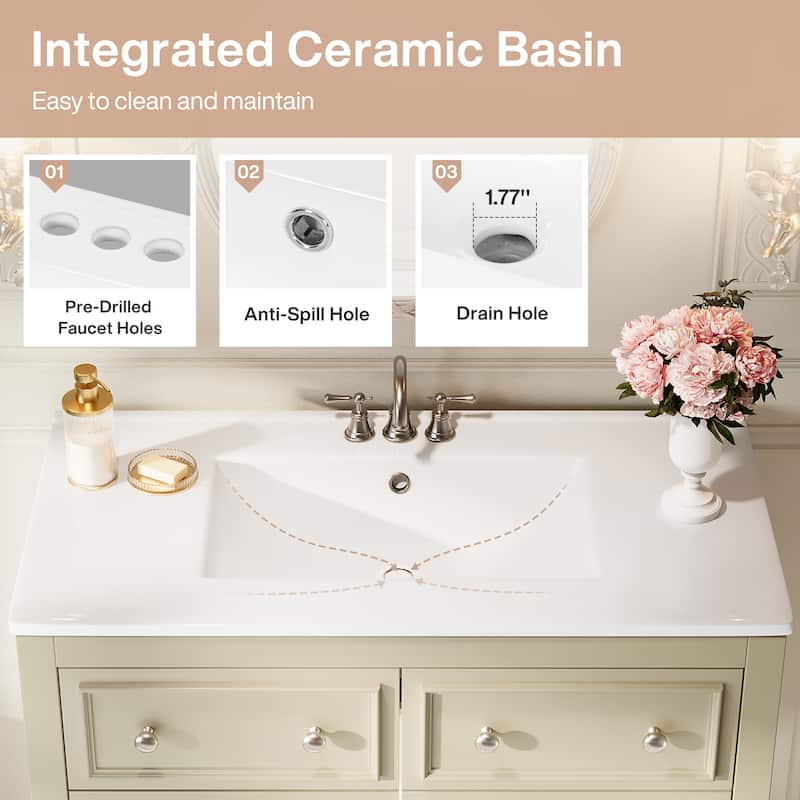 36" Modern Bathroom Vanity with Ceramic Basin, 4 Drawers