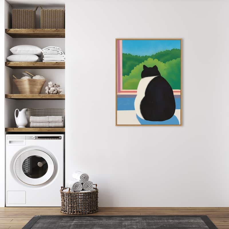 Fat Cat Looking out the Window by Little Dean Framed Canvas Wall Art