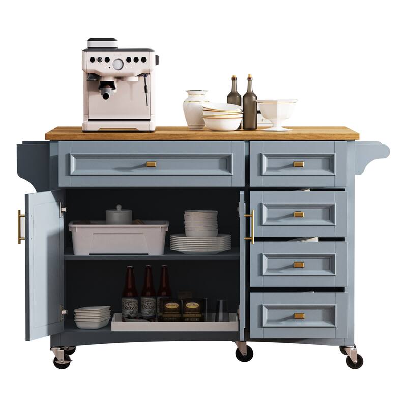 52" Rolling Kitchen Island Cart, Embossed Texture Kitchen Island on Wheels, Kitchen Storage Cart with Drop Leaf