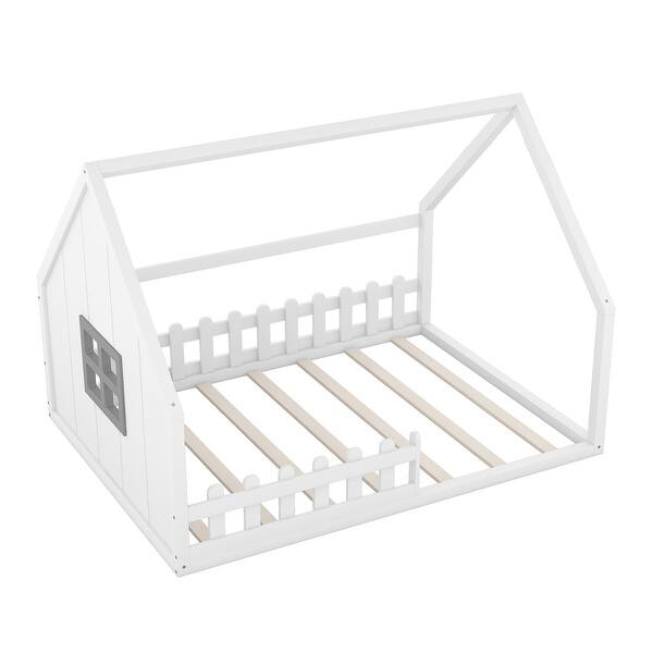 slide 2 of 24, Toddler Full Playful Floor Bed wHouse-shaped Headboards Window Fence White - Full
