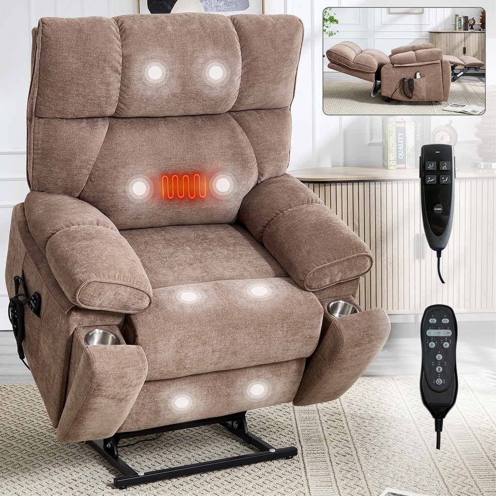 Heat Massage Dual Motor Infinite Position Large Electric Power Lift Recliners with Hidden Cup Holders,Power-Remote,Medium-firm