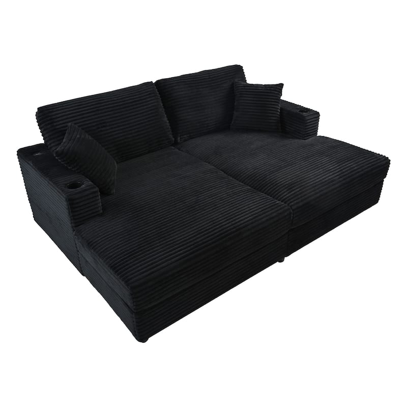 Roomfitters Oversized Loveseat Chaise Lounge Sectional Sofa Bed, Corduroy Sleeper with USB Ports, Cup Holders