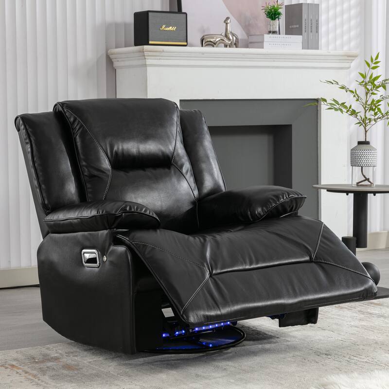 PU Swivel Rocker Recliner with LED Light, Manual Recliner Chair for Home Theater, Soft Upholstered Single Sofa Chair - Black