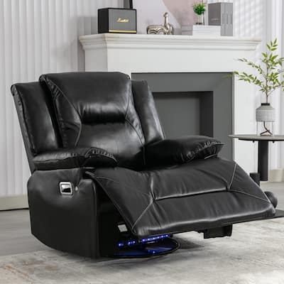PU Swivel Rocker Recliner with LED Light, Manual Recliner Chair for Home Theater, Soft Upholstered Single Sofa Chair