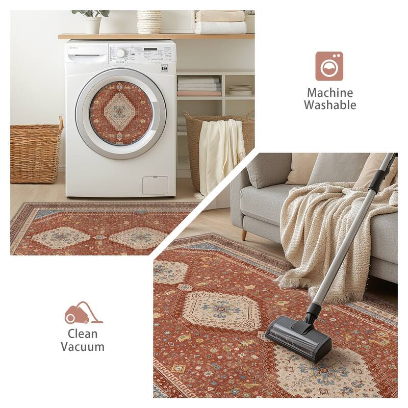 Mcow Faded Floral Vintage Low-Pile Machine Washable Non-Slip Area Rug