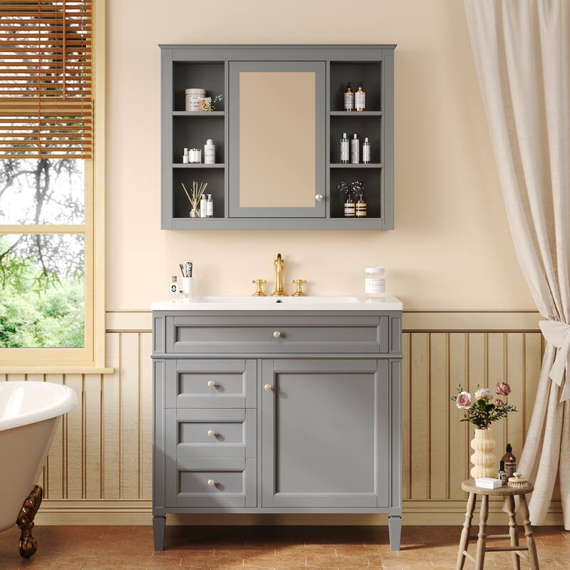 36'' Bathroom Vanity Set with Mirror Cabinet, Modern Bathroom Storage Cabinet with 2 Soft Closing Doors and 4 Drawers - Grey
