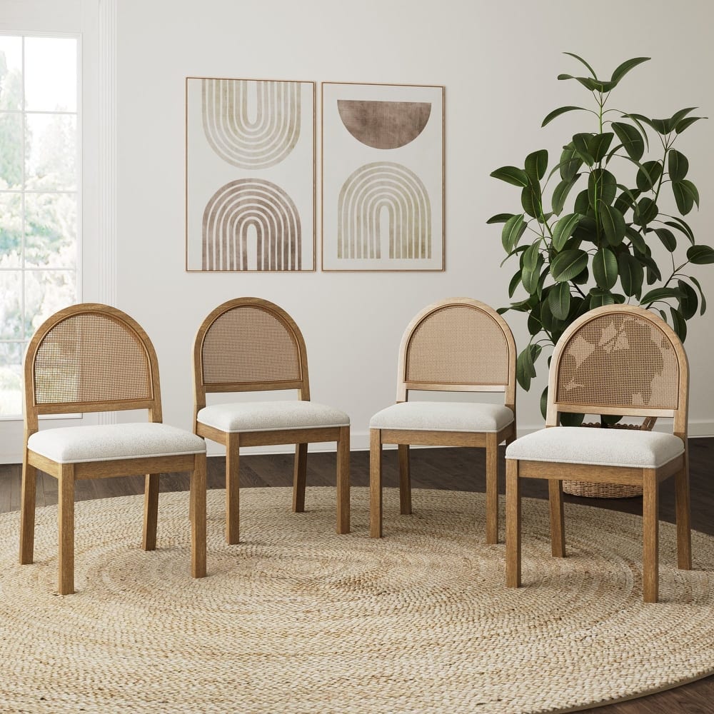Bailey 19 in. Boucle Dining Chair, Upholstered Side Chair with Natural Woven Rattan Back and Solid Wood Legs