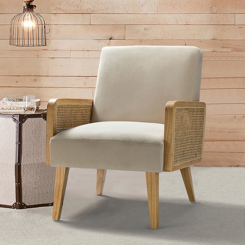 Carmina Upholstered Accent Chair with Natural Rattan Arms by HULALA HOME - Tan