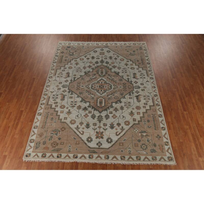 Geometric Heriz Serapi Indian Area Rug Handmade Grey Wool Carpet - 8'11" x 11'10"
