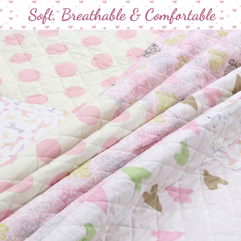 Cozy Line Pink Heart Floral Dot Giraffe Medallion Cotton Patchwork Reversible Quilt Bedding Set