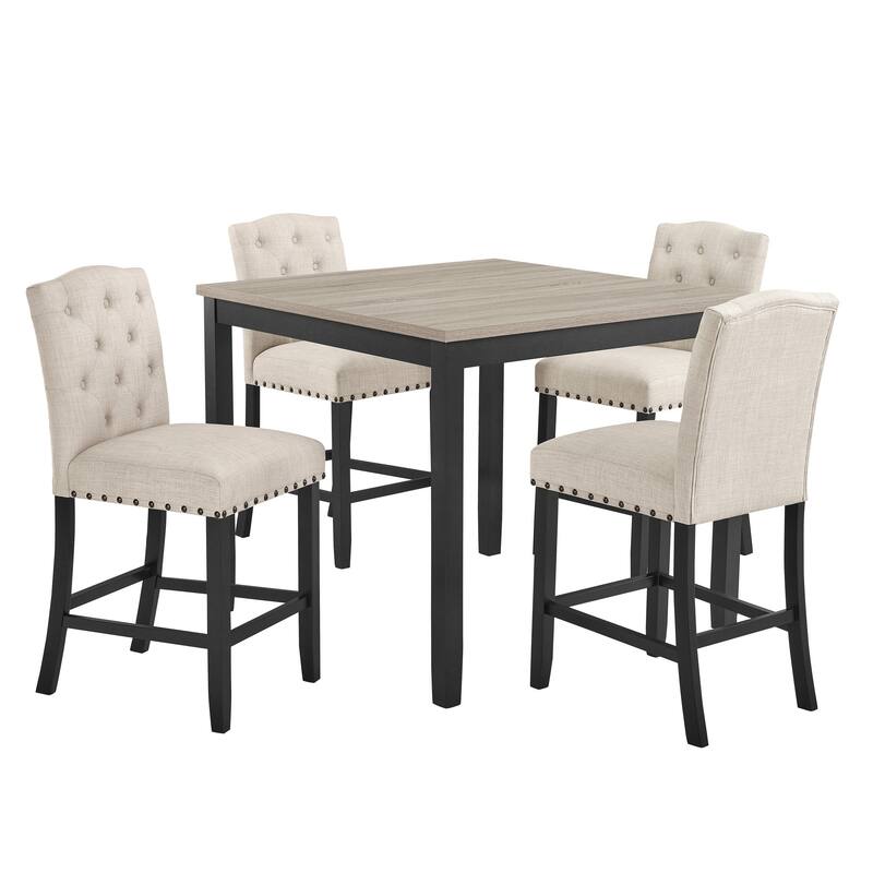 Phy 5pc Counter Table and Chairs Set, Nailheads, Tufted Beige, Brown, Black