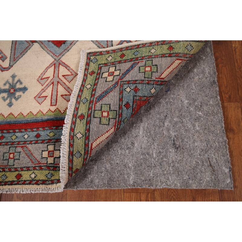Ivory Geometric Kazak Oriental Foyer Rug Handmade Wool Carpet - 3'3" x 4'11"
