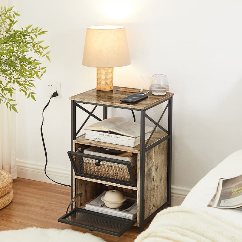 VECELO (Set of 2) Mid century Modern Nightstand with Charging Station and USB Port