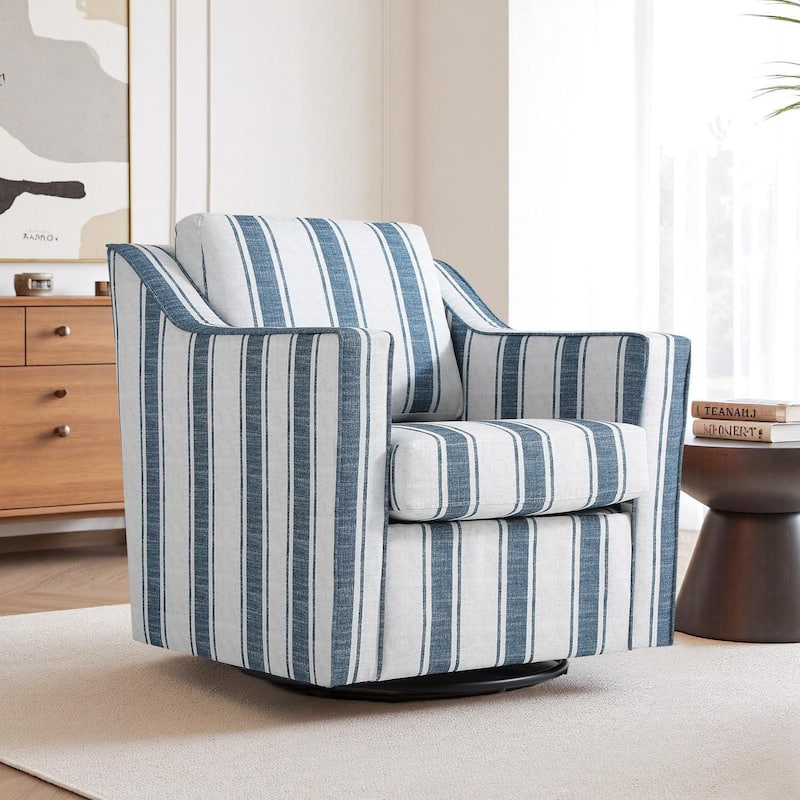 30" W Modern Accent Swivel Chair Comfy Upholstered Armchair Set of 2 - Stripe Navy/ Linen