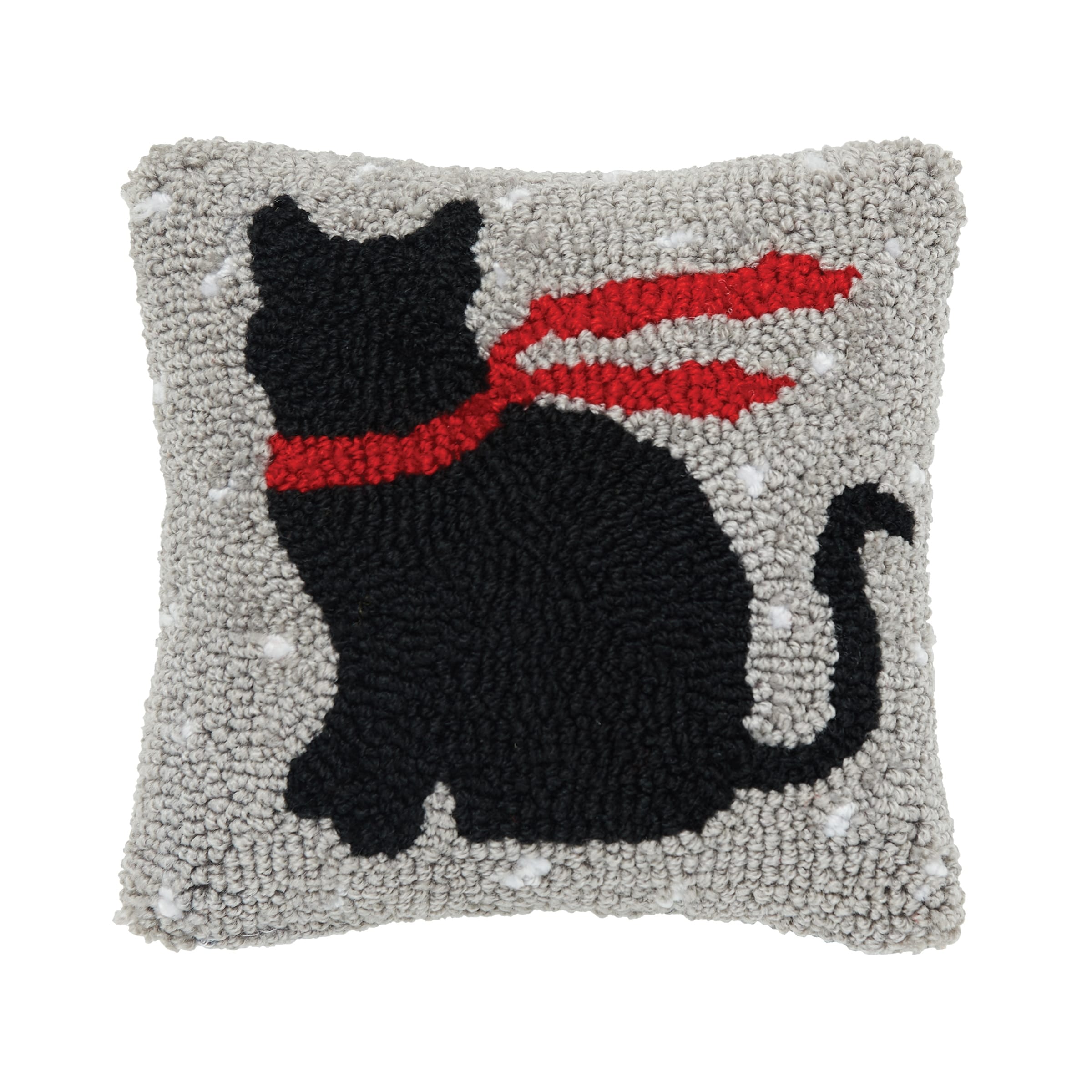 Christmas Black Cat Red Scarf Petite Hooked Accent Pillow, 8" x 8"
