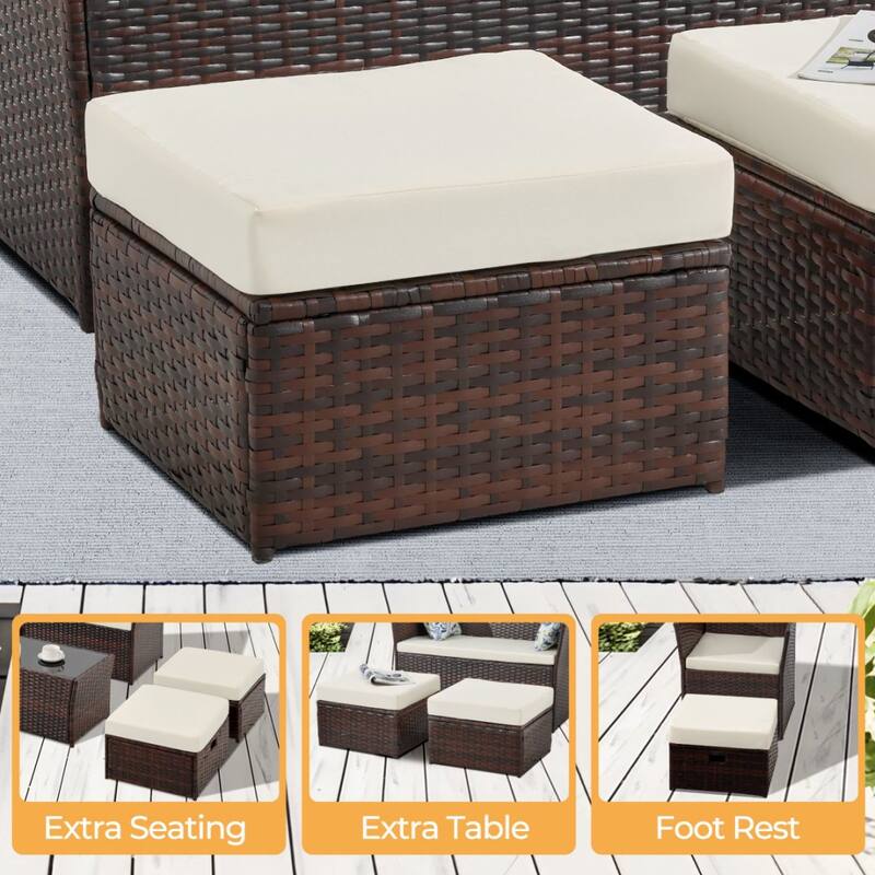 6-Piece Wicker Outdoor Sofa Set, 1 Loveseats, 2 Chairs, 2 Ottomans and 1 Table