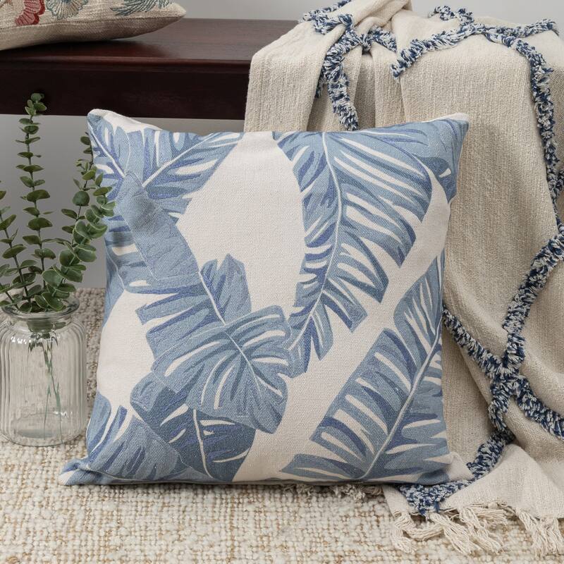 Handwoven Tropical Palm Leaf Square Throw Pillow - 20" - Blue and Cream