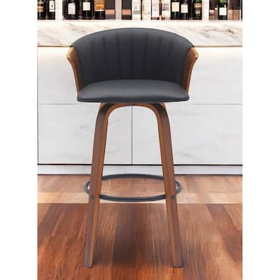 HomeRoots 30" Black And Wood Brown Faux Leather Swivel Bar Height Bar Chair