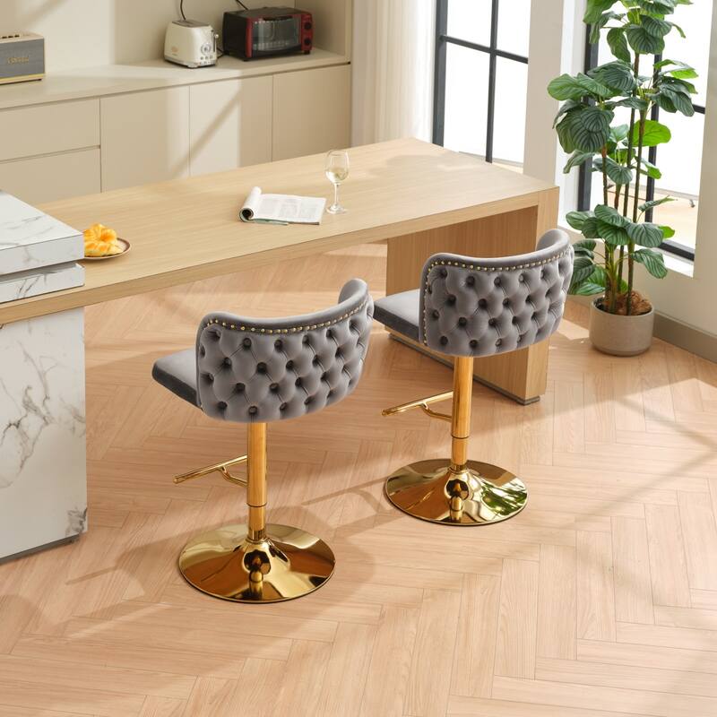 Swivel Bar Stools Set of 2, Velvet Upholstered Bar Stools with Adjusatble Height, Kitchen Island Chairs with Gold Plating Base