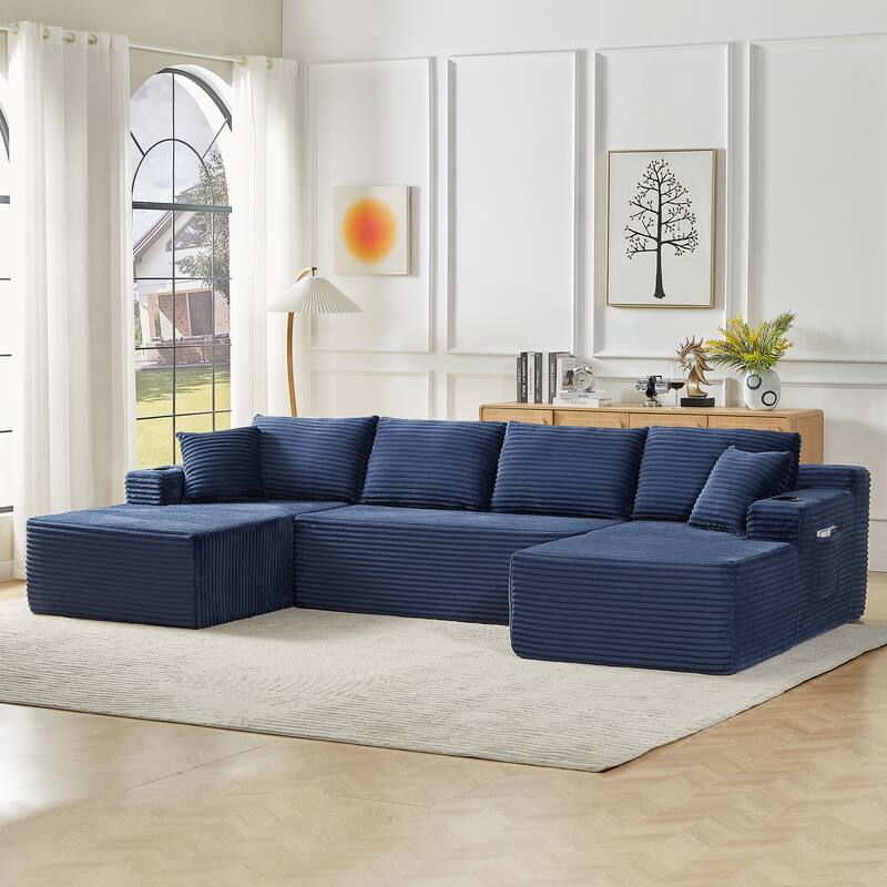 Minimalist Modular Lounge Couch U-shaped Sectional Sofa with Chaise, Corduroy Sleeper Sofa Bed with Side Pockets and Cup Holders