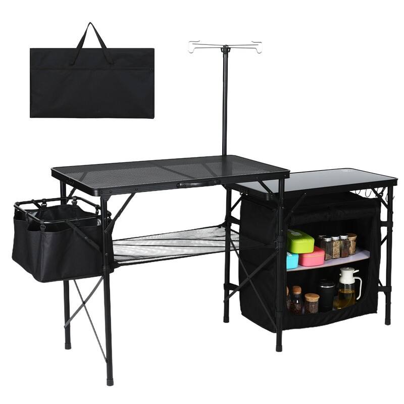 Portable Folding Camping Kitchen Table with Storage Organizer, Light Pole, Side Bag & Hooks for Outdoor Cooking - Black