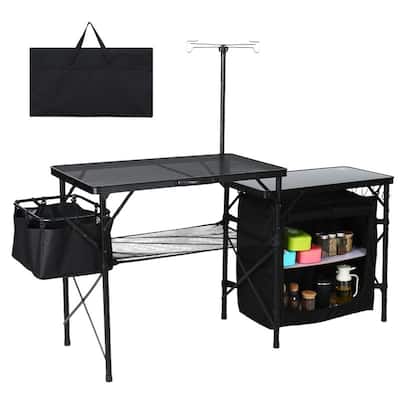 Portable Folding Camping Kitchen Table with Storage Organizer, Light Pole, Side Bag & Hooks for Outdoor Cooking