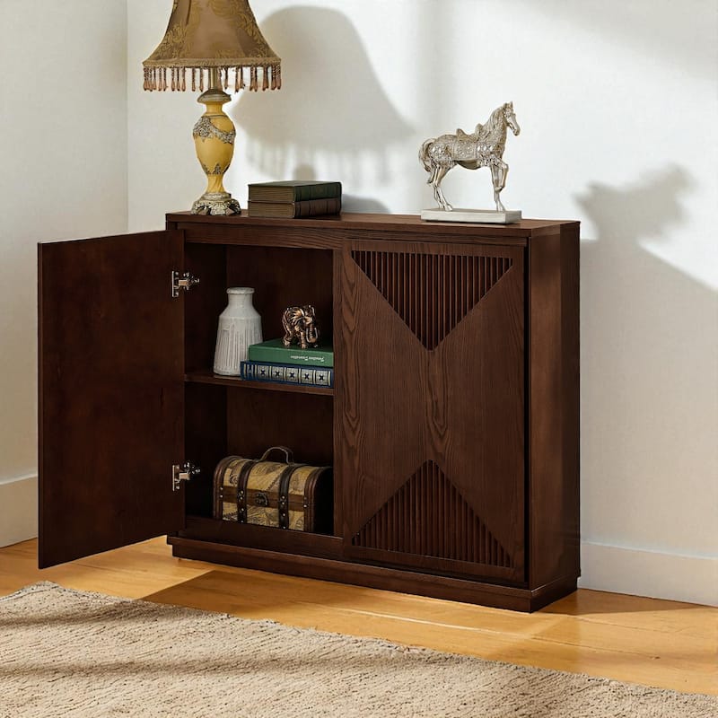 39" V-Shape Fluted Storage Cabinet, Mid Century Modern Buffet Sideboard with Outlet Holes for Entryway Kitchen