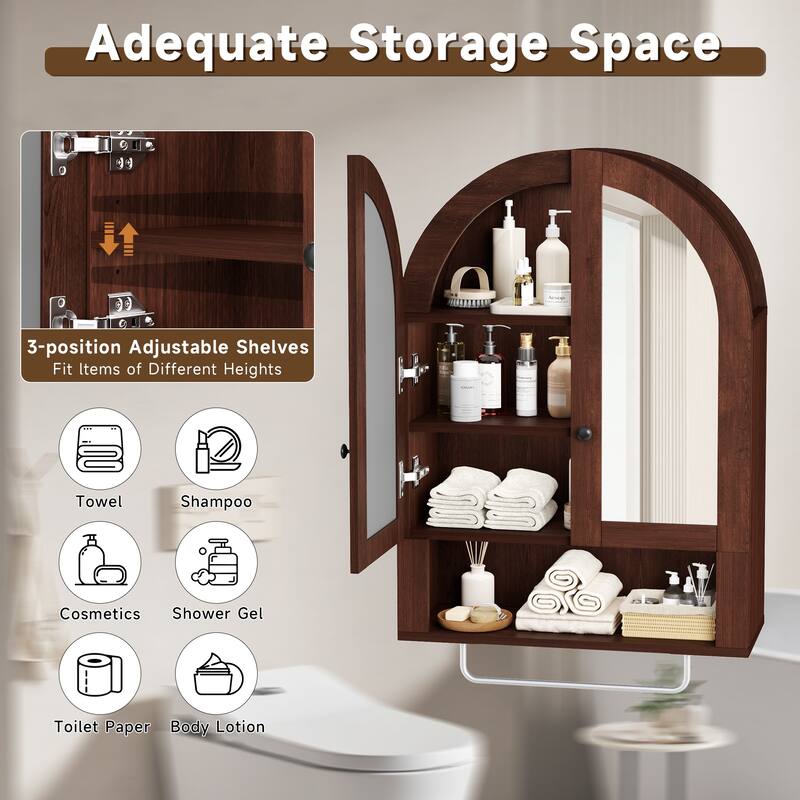 Wall Mounted Arched Cabinet with Mirrored Doors and Adjustable Shelves for Laundry Room, Bathroom, Kitchen