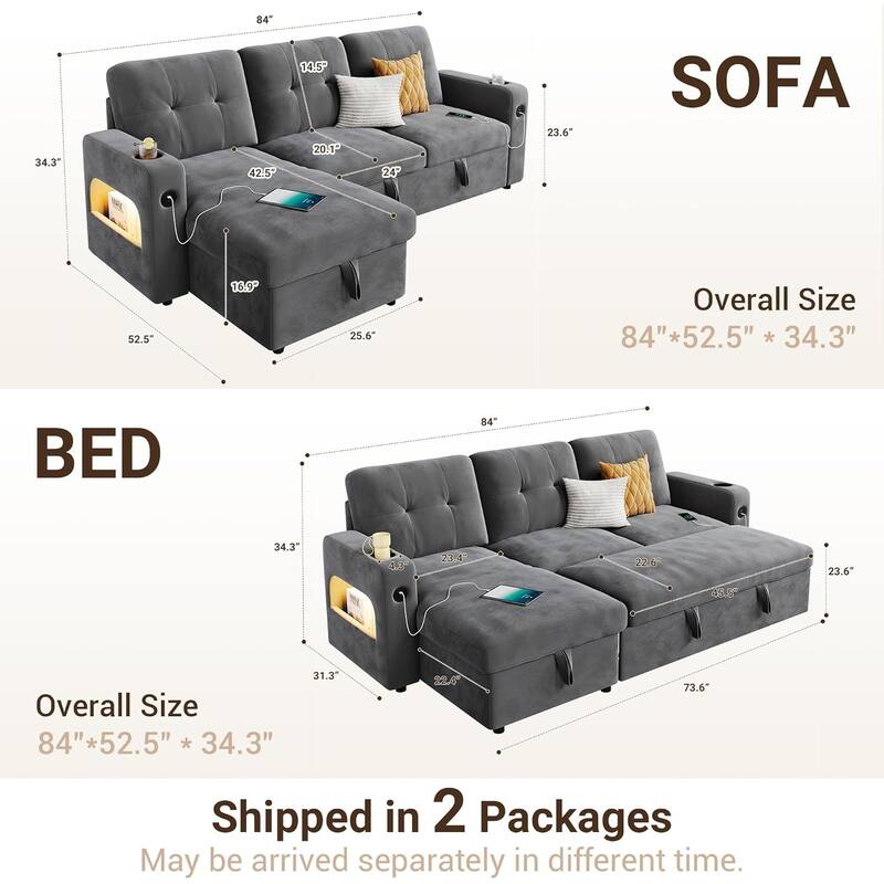 84" Sleeper Sofa Bed, Modular Sectional Cloud Couch with Reversible Storage Model