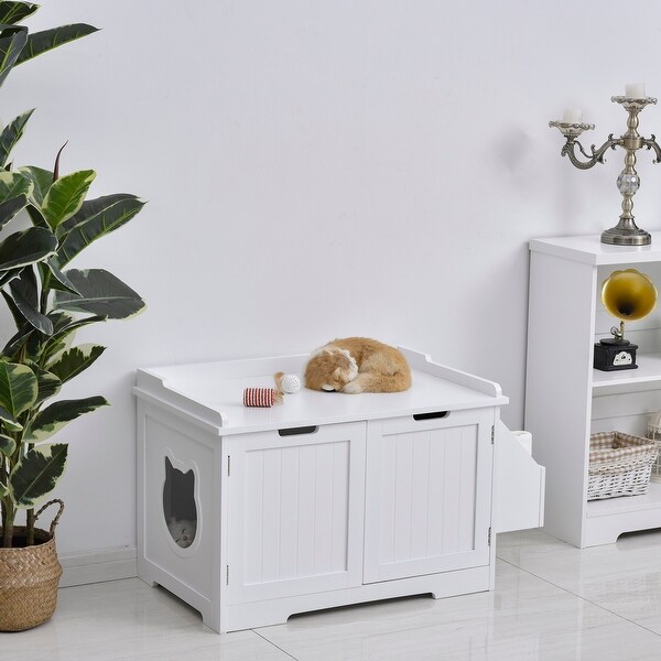 Pawhut Wooden Cat Litter Box Enclosure Kitten House With Nightstand End Table And Storage Rack Magnetic Doors Overstock 32464614