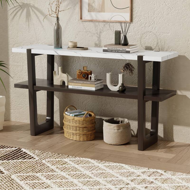 Elegant Console Table with Marble-Effect Top and Versatile Storage Solutions for Entryway and Living Room
