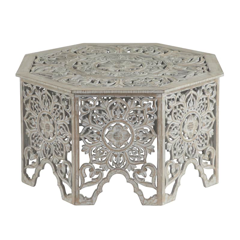 Wooden Floral Handmade Intricately Carved Coffee Table with Hollow Interior - Light Gray or Cream - Roche River Decor - Light Gray