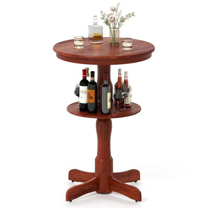 Gymax 2-Tier Round High Top Table w/ Storage Shelf & Pedestal Base for - Espresso - Wood