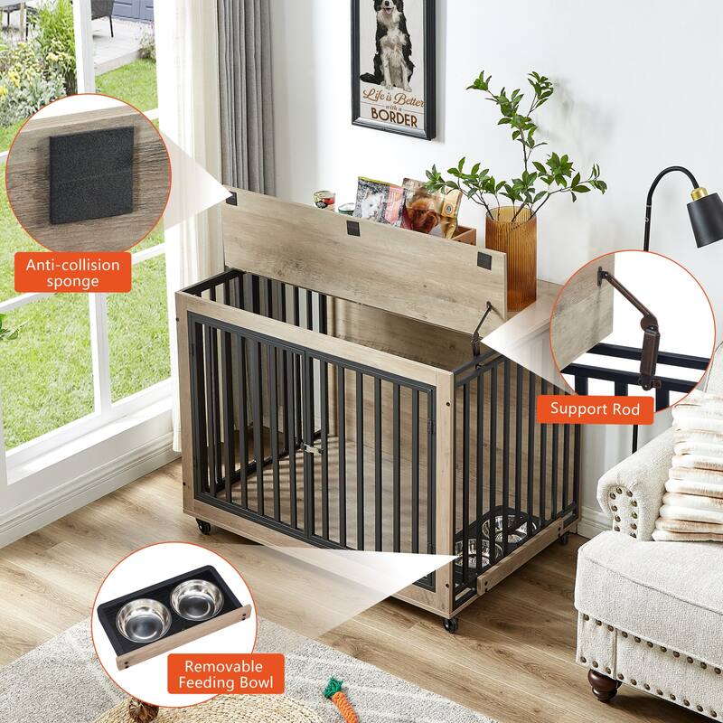 Dog Crate Furniture with Pull-Out Dog Bowls,Wooden Dog Kennel End Table with Wheels & Flip-Top,Indoor Dog House