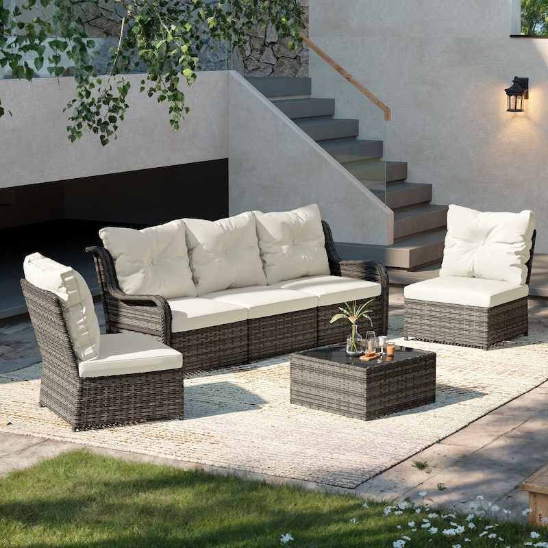 6-pieces Patio Wicker Outdoor Sectional Seating Sofa Set with Coffee Table - Beige-GreyFrame - Grey Frame
